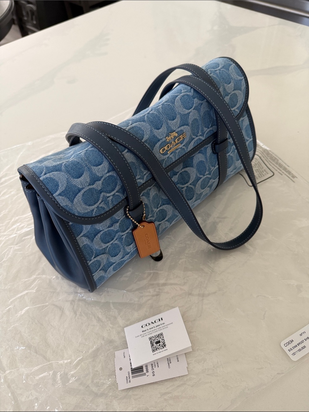 Coach Blue Denim Signature Canvas Shoulder Bag with Leather Trim - Picture 2 of 7